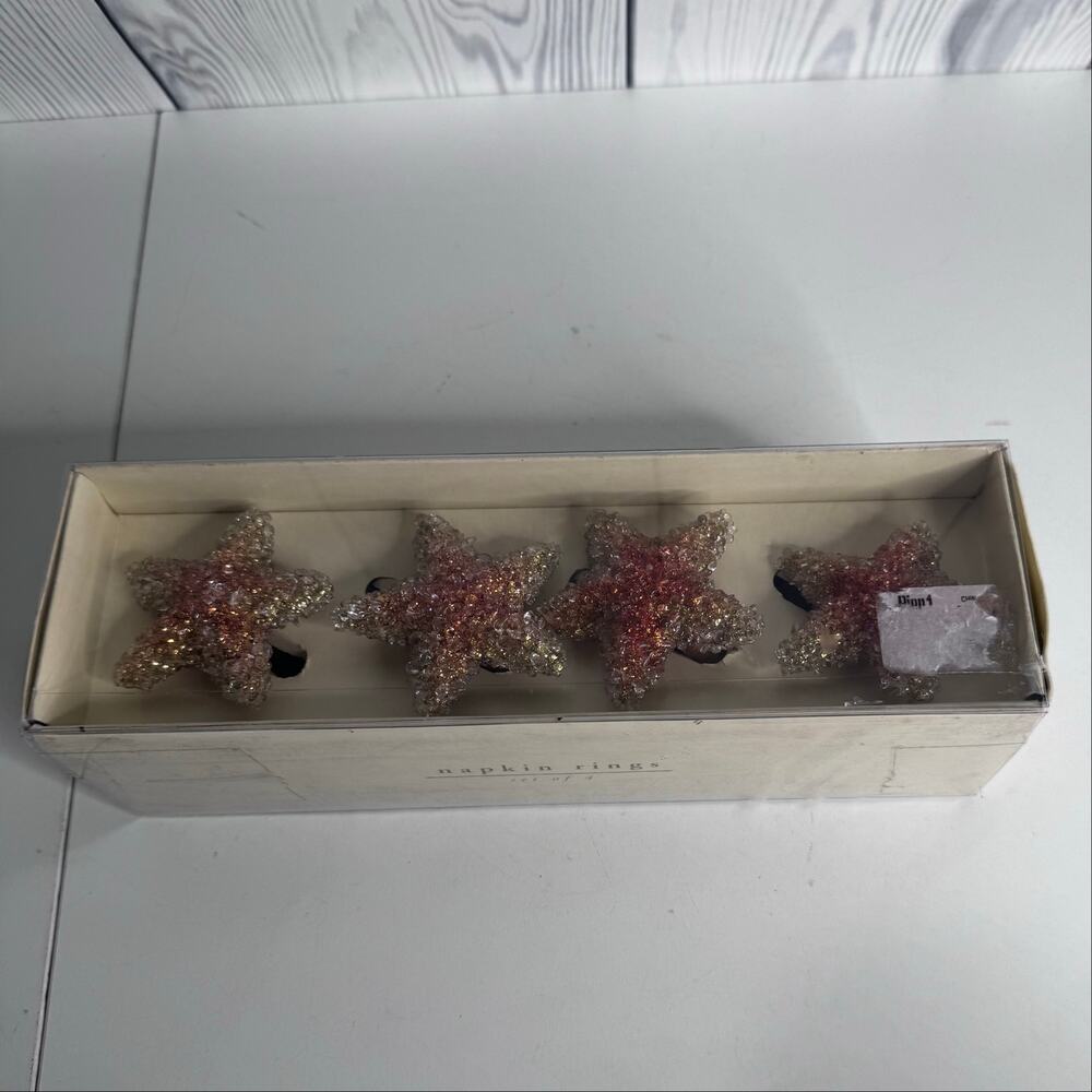Pier 1 Star Napkin Rings NEW Set Of 4 Starfish Sparkling White Pink Dinner Party